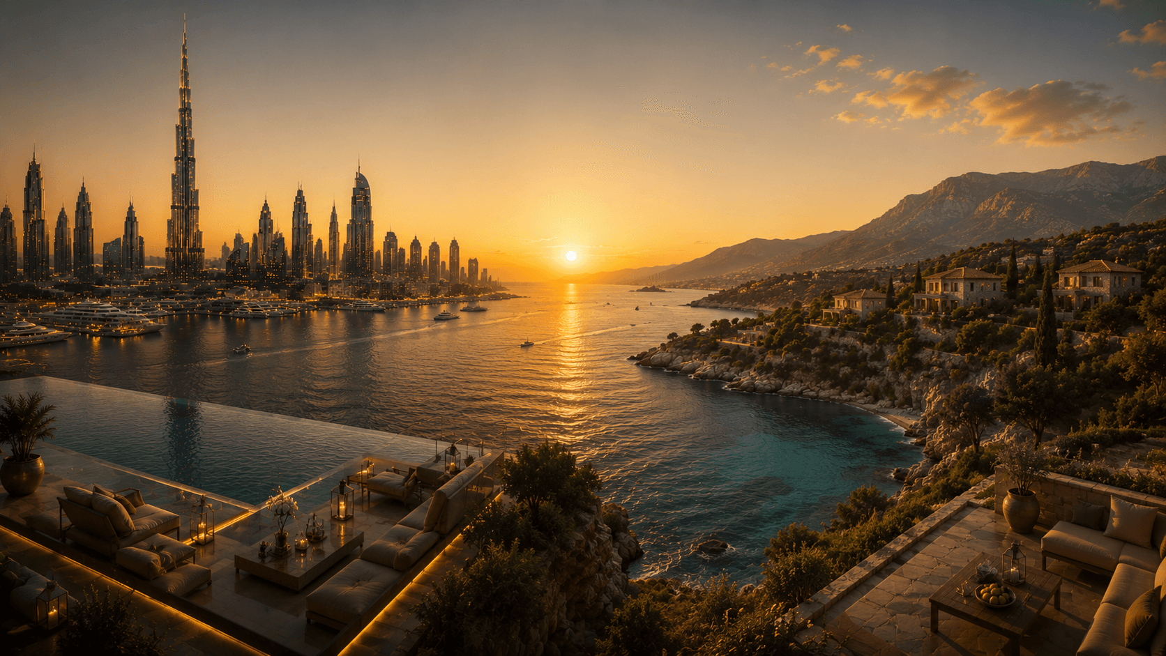 Dubai skyline and the Mediterranean coast of Cyprus at sunset
